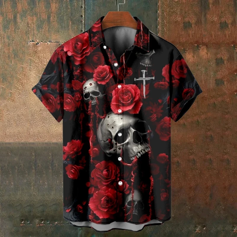 Summer Vintage Skull Graphic Shirts Casual Short Sleeve Shirt For Men Black White Print Men Clothing Loose Oversized Lapel Shirt