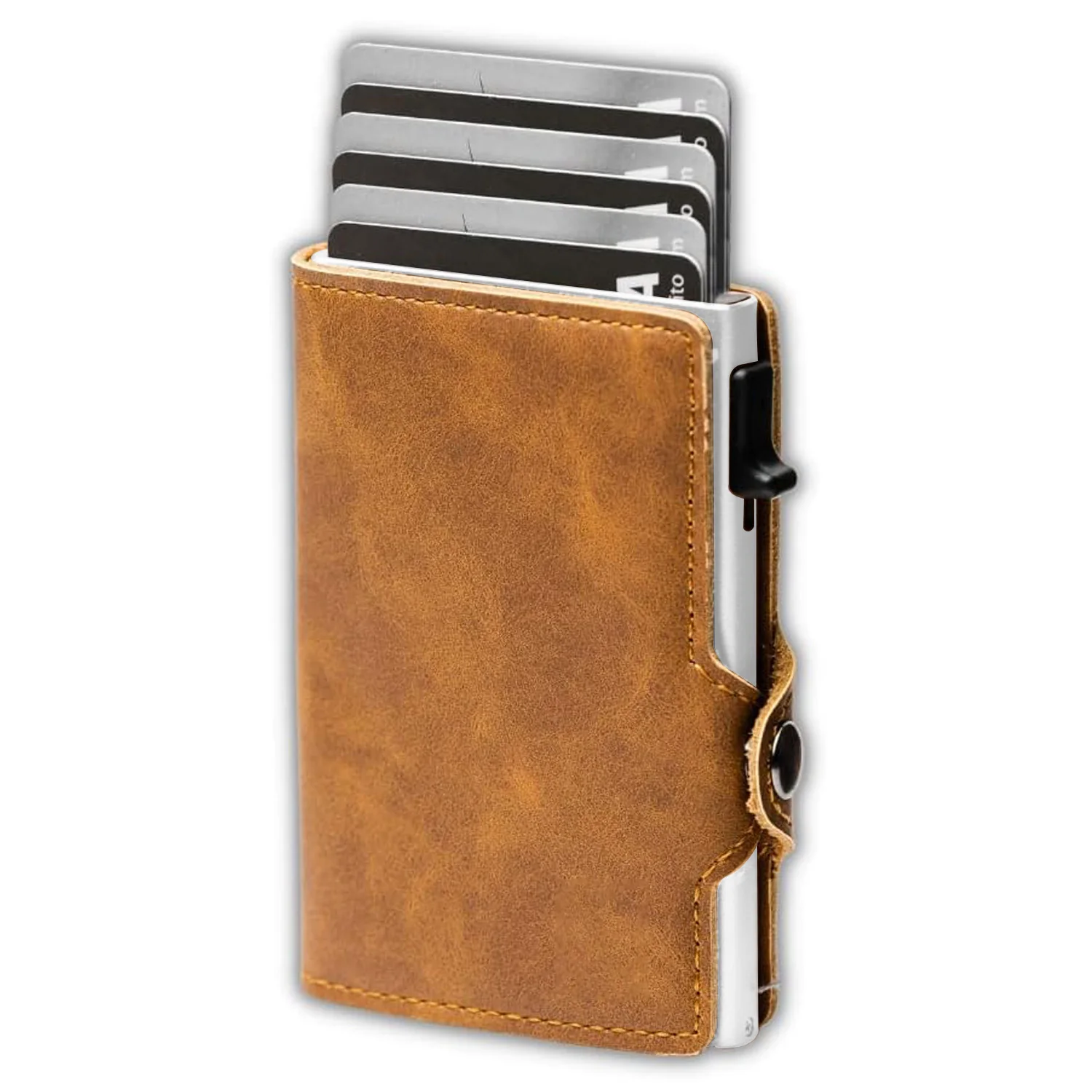 SEMORID Mens Wallet Card Holder Minimalist RFID Blocking Slim Wallet Multifunctional with ID Window （With buttons）