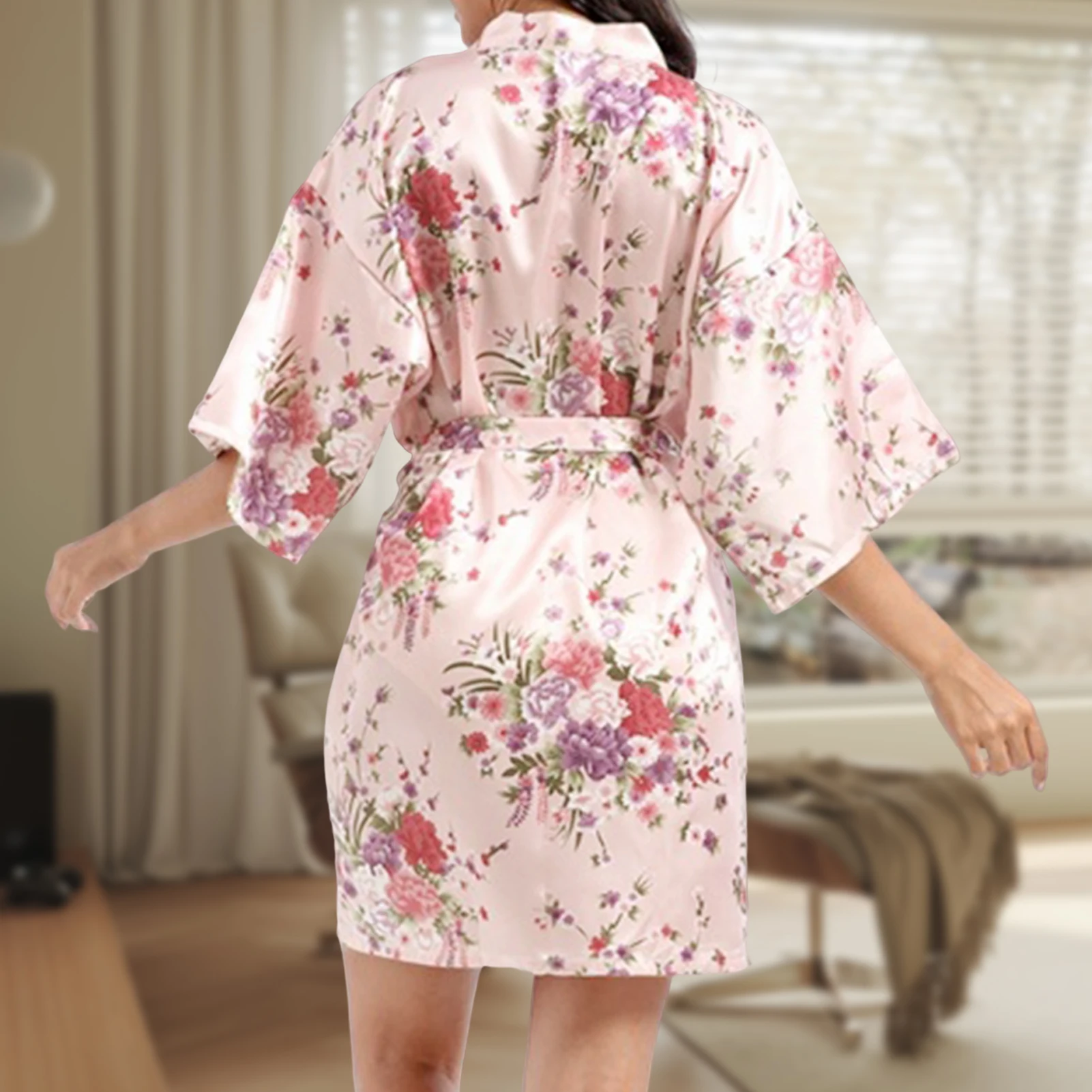 Summer Cardigan Robe Japanese Style Floral Printed Ladies Bath Short Robe Traditional Slim Fit Long Sleeve Sleepwear Outfit