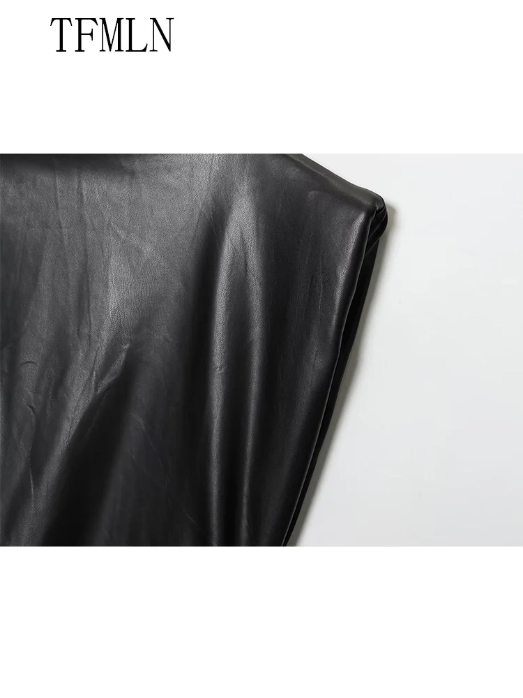 Elegant Women Faux Leather Pleated Dresses 2025 Autumn Sexy Sleeveless O-neck Short Dress Retro Female Party Evening Dress