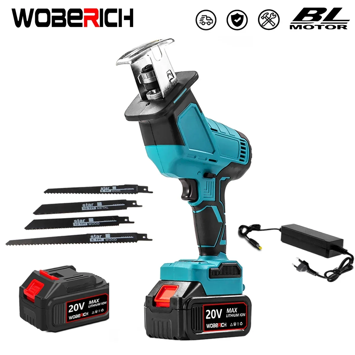 

WOBERICH Brushless Cordless Electric Reciprocating Saw Electric Saw Metal Wood Cutting Tool With 4xBlades For Makita 18V Battery