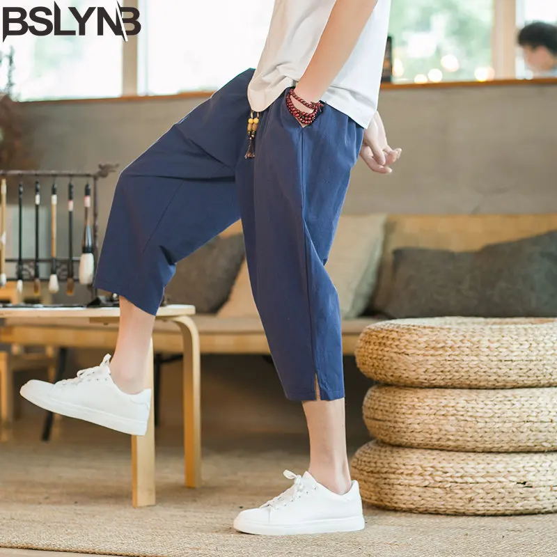 Summer Cotton And Linen Cropped Pants Men's Loose Solid Color Japanese  Style Casual Pants Drawstring Elastic Waist Trousers - Casual Pants -  AliExpress