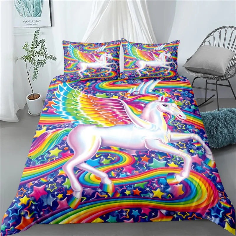 Colorful Luminous Unicorn Print Bedding Set 3D Cartoon Animal Pattern Duvet Cover Bedroom Decor With Pillowcases For Girls Gift 