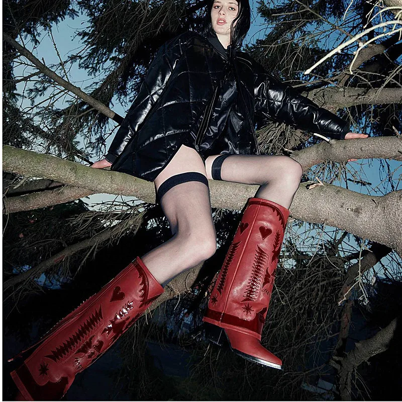 

2022 Winter New Cowboy Boots Women's Chunky Heel Mid-Tube Boots Color Matching Catwalk Full Cowhide Large Size Martin Boots