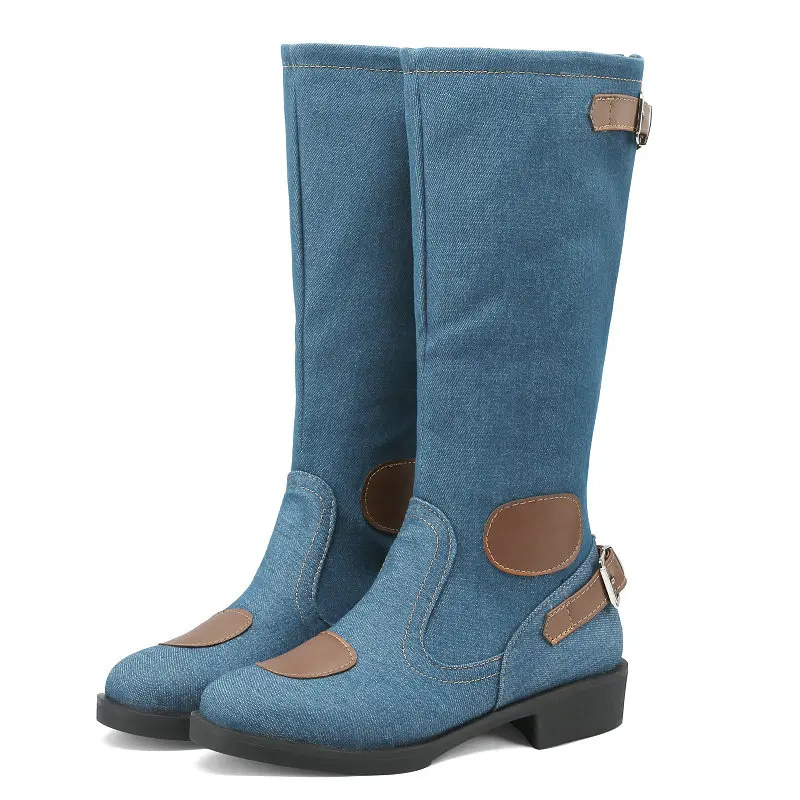 

Western Cowboy Denim Jeans Fabric Patchwork Design Women Shoes Winter Zipper Back Buckle Belt Mid-calf Boots Big Size 46 47 48
