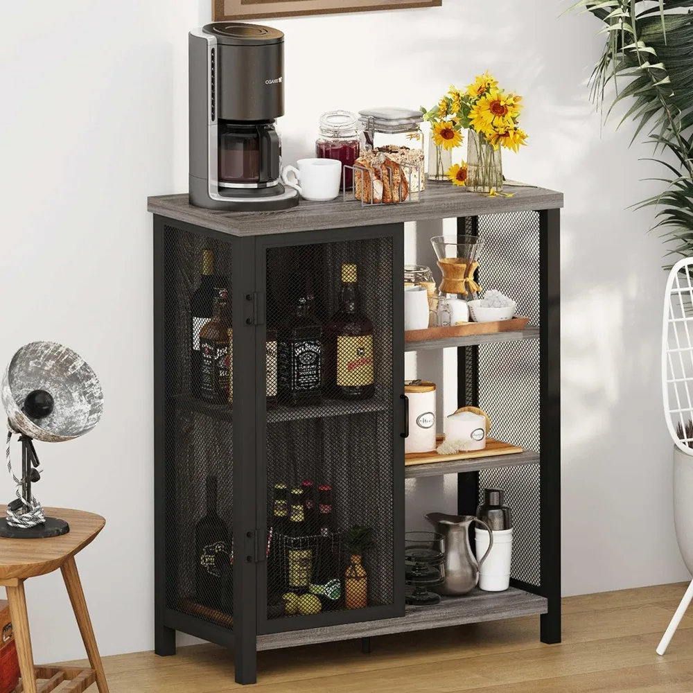 

BON AUGURE Farmhouse Coffee Bar Cabinet with Storage, Industrial Liquor Cabinet with Adjustable Shelves, Rustic Small Buffet