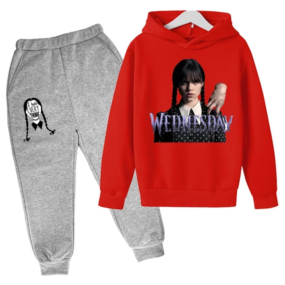 thumbnail image 1 of Nueva sudadera con capucha y pantalones de primavera y otoño de Wednesday Addams para niños, 2 piezas, trajes de 2 a 14 años, ropa de calle para niños y niñas, ropa de bebé para niños, 1 of 5