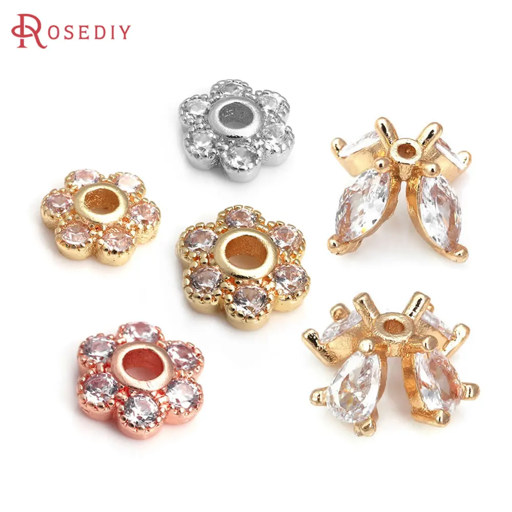 

10PCS 18K Gold Color Brass and Zircon Flower Beads Caps Jewelry Earrings Beads Making Supplies Diy Findings Accessories
