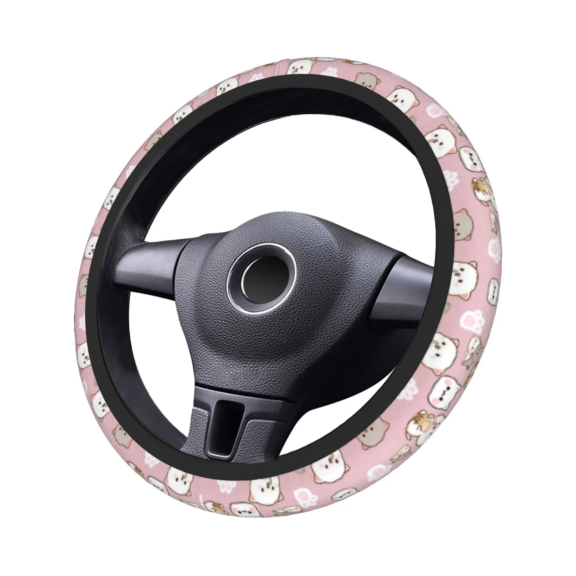 Pink Love Peach & Cartoon Cat Steering Wheel Cover - Auto Car Accessory