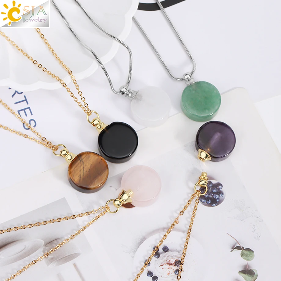 CSJA Crystal Bottle Perfume Necklace for Women Round Natural Stone Pendant Essential Oil Charm Stainless Steel Chains H415 2