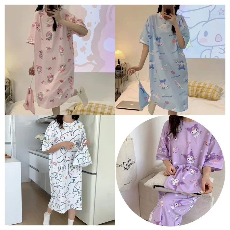 

Kawaii Cartoon Print Women Loose Thin Nightdress Sanrioed My Melody Cinnamoroll Kuromi Cute Comfortable Long Pajamas Home Wear