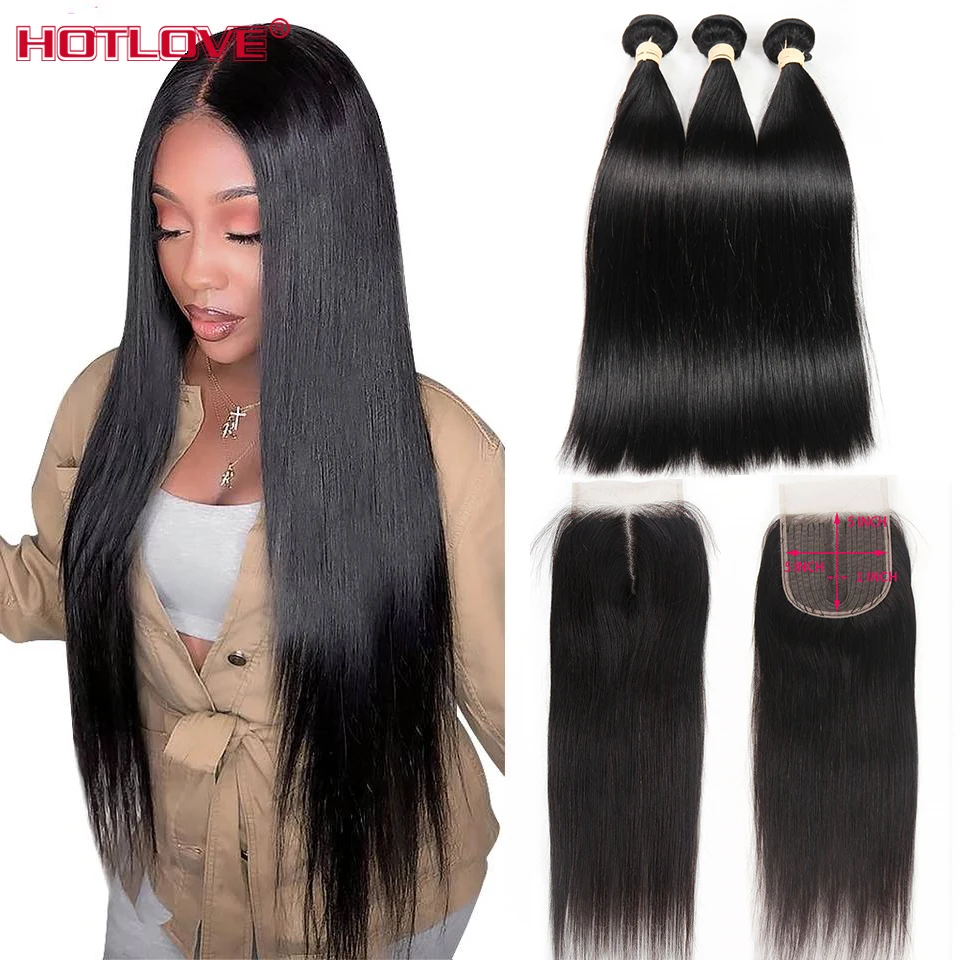 Straight Hair Bundles With Closure Brazilian Human Weave Pre Plucked Middle Part Remy Extensions | Шиньоны и парики