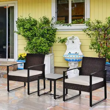 Set da giardino in polyrattan per 2 persone, mobile da balcone con cuscini marrone e crema, perfetto per patios e giardini 1