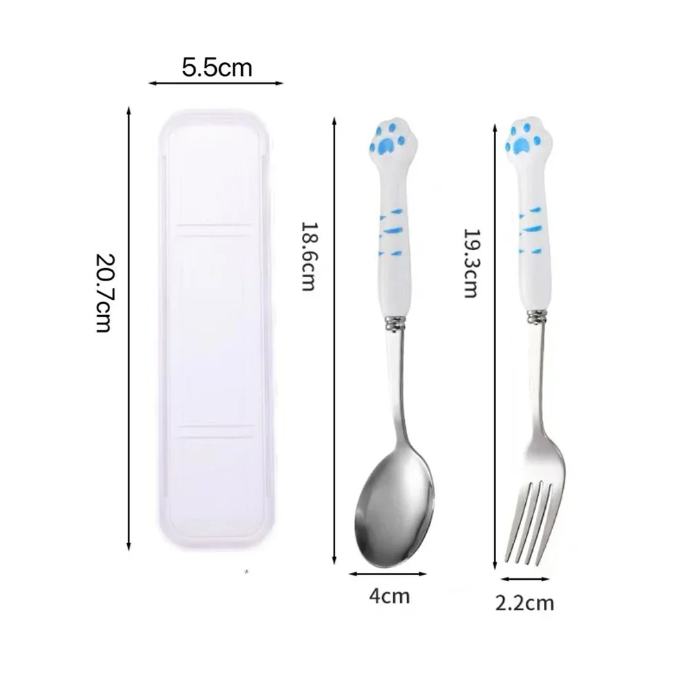 Stainless Steel Cutlery Set Fork Spoon Set Stainless Steel Spoon and Fork Set with Storage Box Portable Tableware Cute Cat Paw Shaped Dinnerware Kit for Adults Kids School