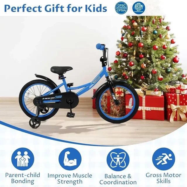 18 Inch Toddler Bike with Removable Training Wheels, Dual Brakes, Adjustable Seat & Handlebar, Suitable for Ages 3-8, Blue with