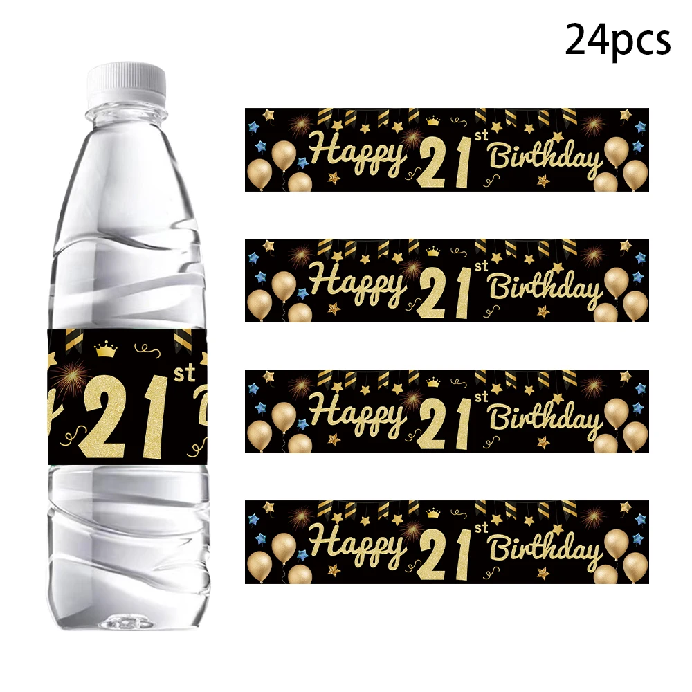 Elegant Black Gold Birthday Bottle Stickers - Set of 24 - Festive Adult Party Decor