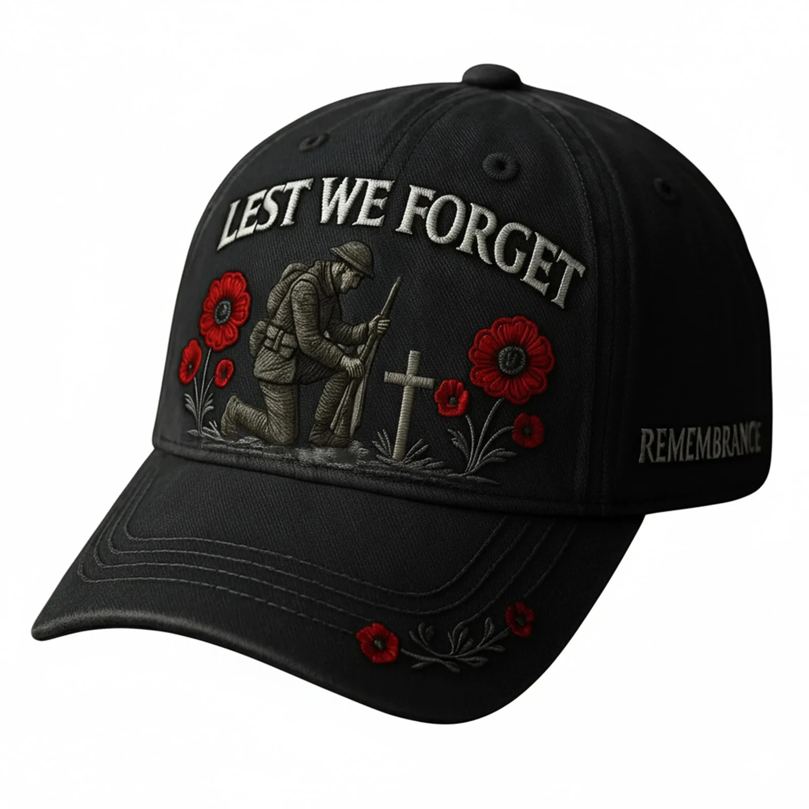 Helden-Gedenkmütze mit 3D-gesticktem Soldatenkreuz und Mohn, verstellbare Baseballkappe für Veteranen, Erinnerung, patriotisches Geschenk – Detail 2