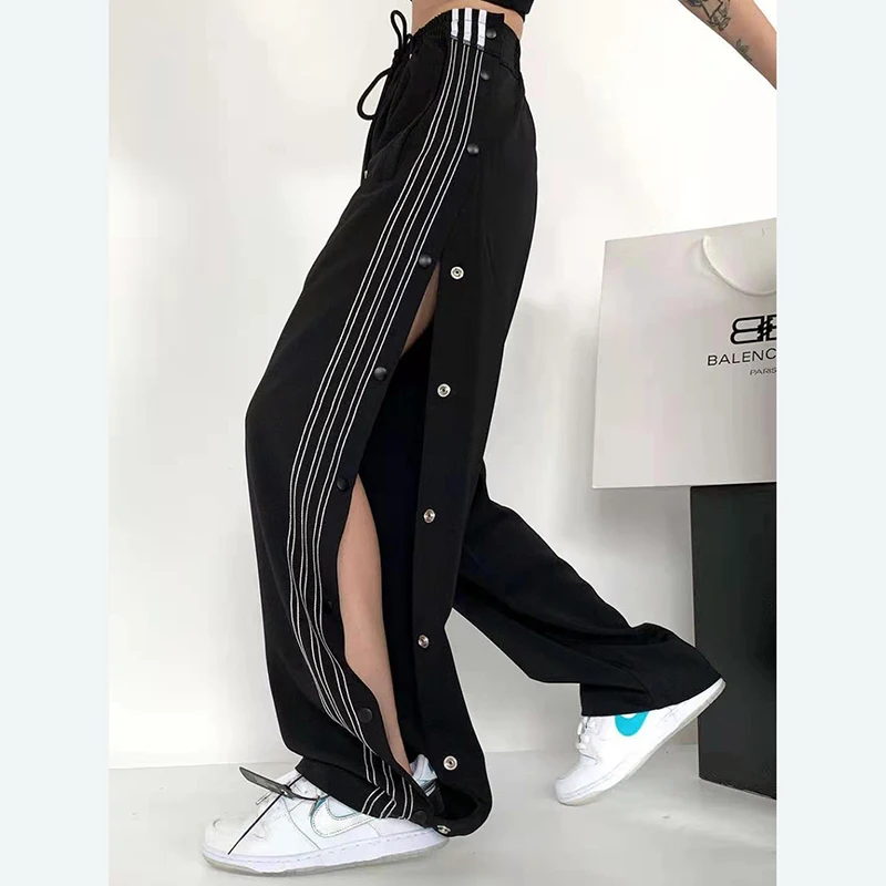 

Gidyq Summer Striped Wide Leg Pants Women Fashion Breasted Loose Sweatpants Y2K Streetwear Female High Waist Straight Trousers