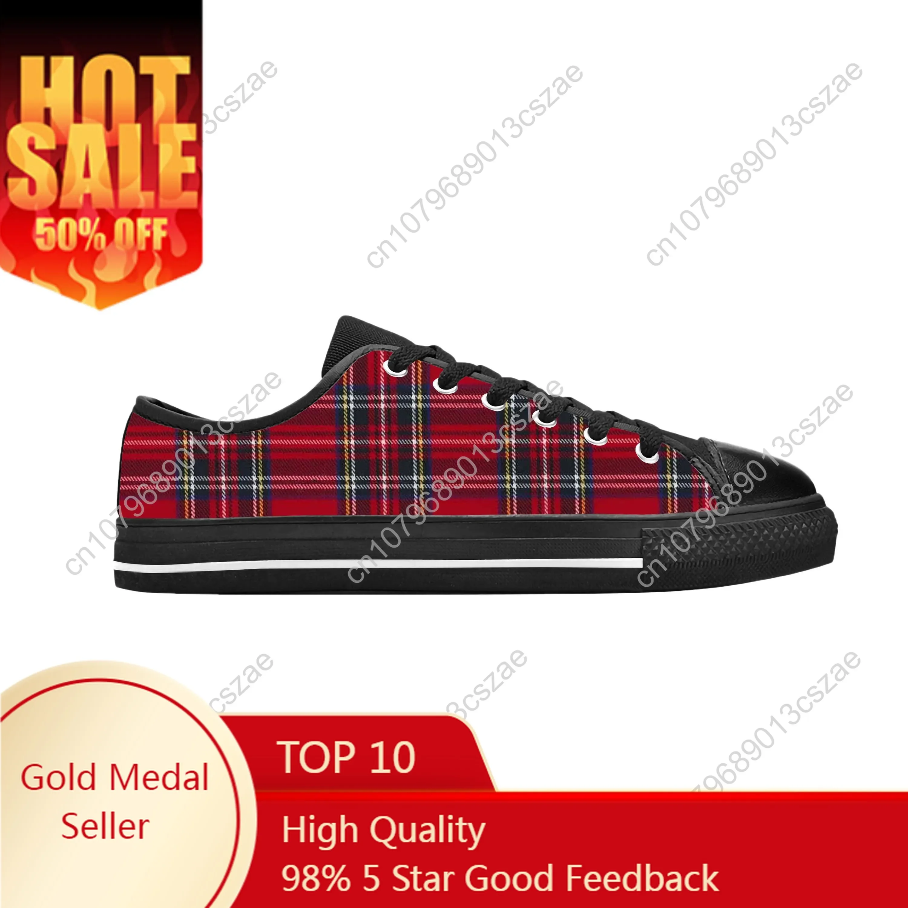 

Red Scottish Royal Stewart Clan Tartan Plaid Funny Casual Cloth Shoes Low Top Comfortable Breathable 3D Print Men Women Sneakers