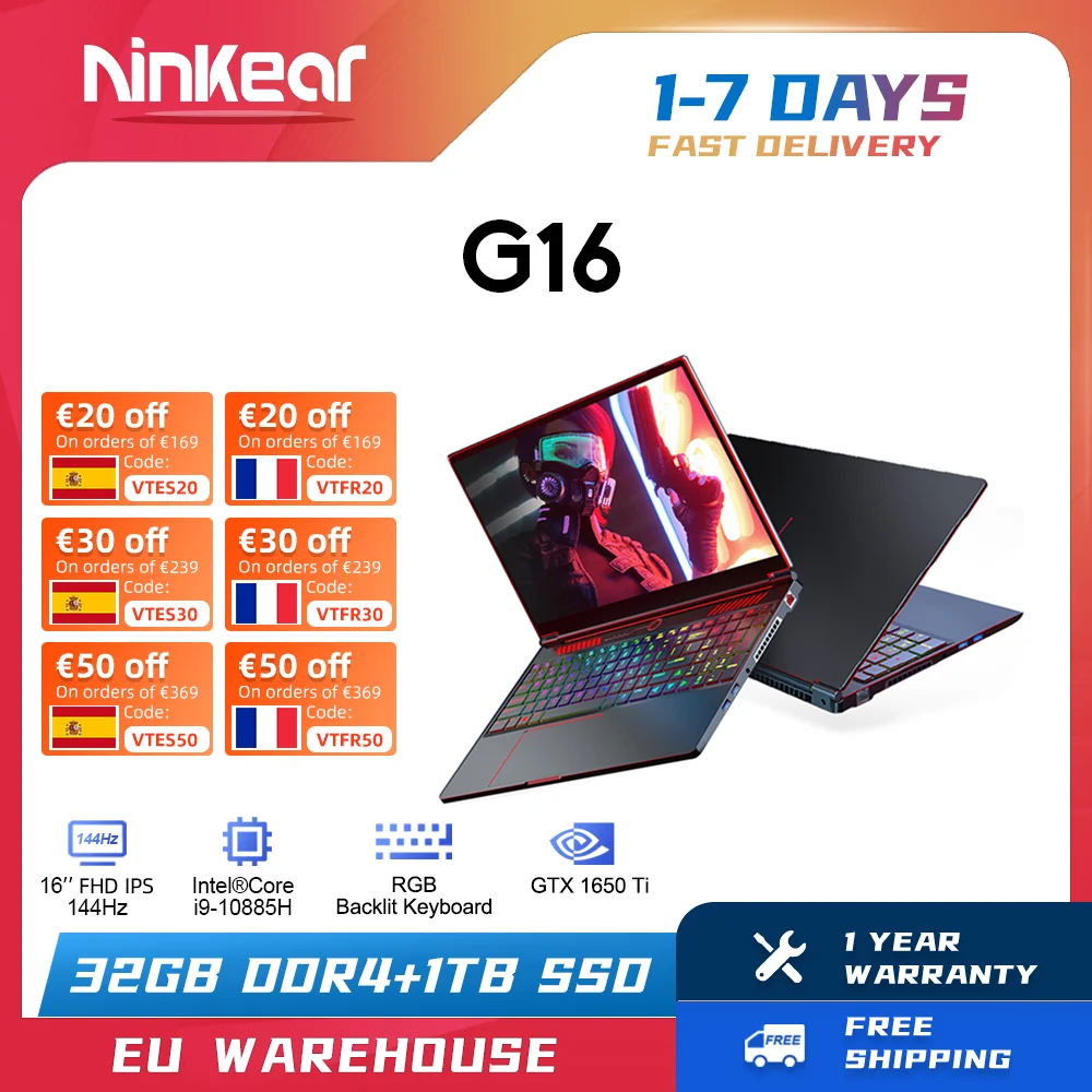 Laptop Da Gioco Ninkear G16 Notebook Da 16 Pollici Intel Core I9-10885H Nvidia Gtx1650Ti 144Hz 32Gb + 1Tb Ssd Windows 11 Notebook Da Gioco