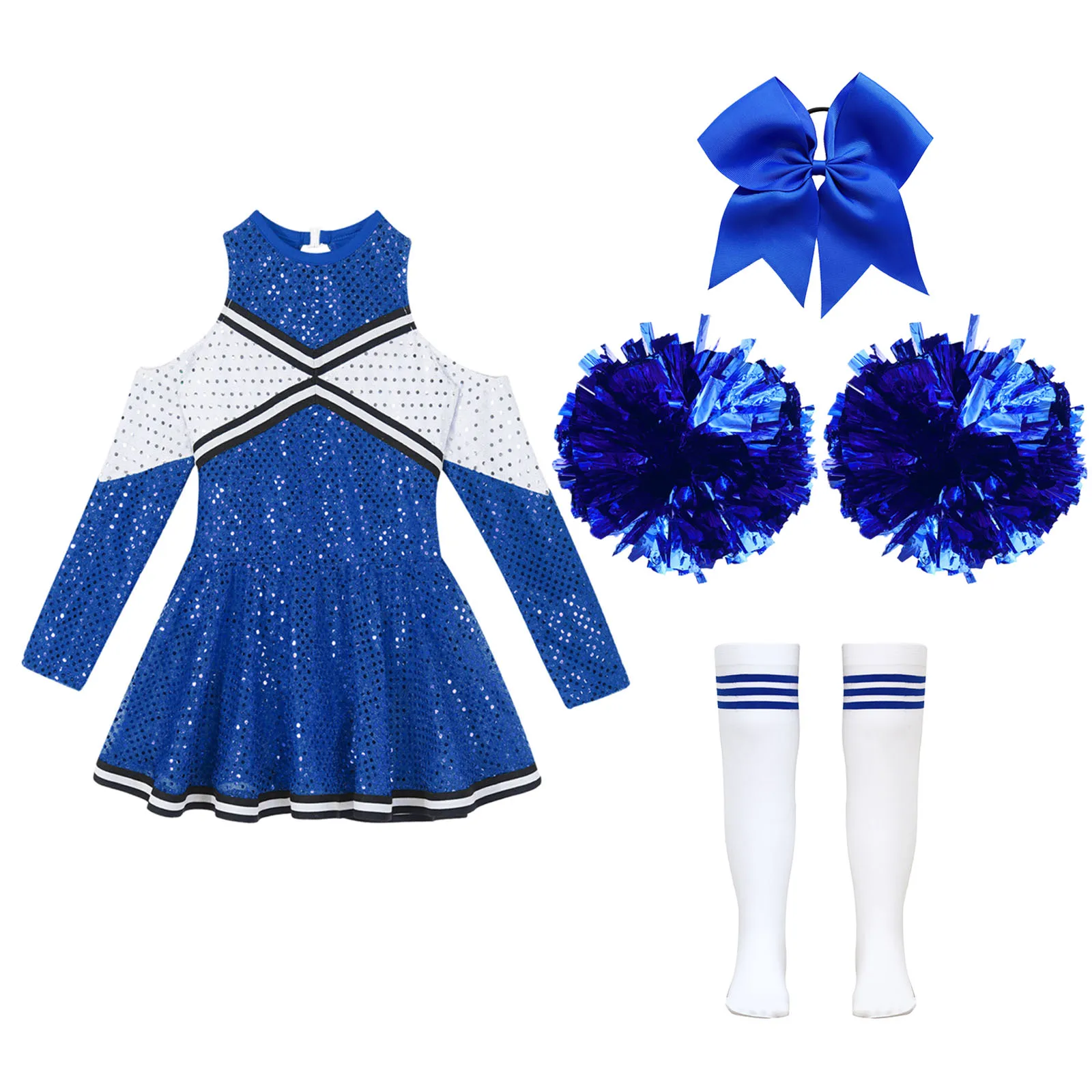 Cosplay Costume Cheerleading Costume Cheer leader Costume Schoolgirl Dance Outfit for Kids Girls Sequin Cheerleading Uniform Dress with Pompom Socks Performance Suit