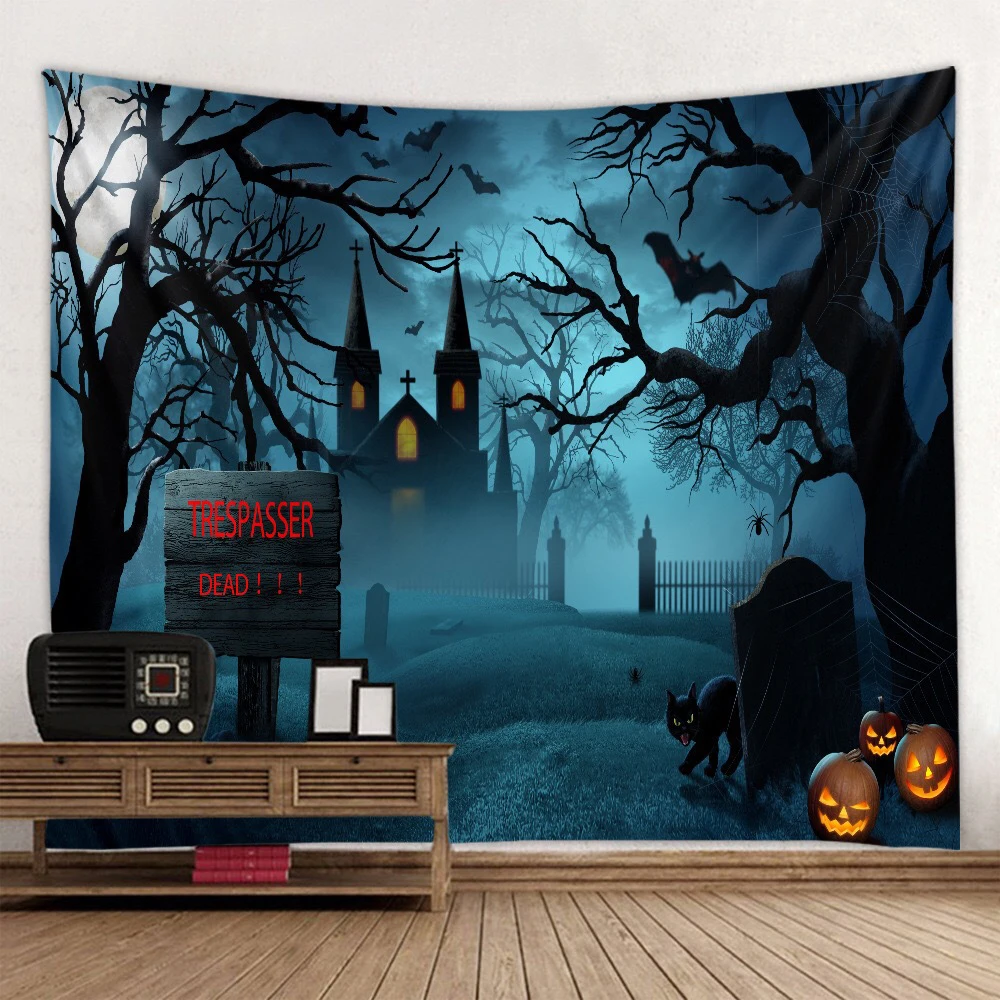 

Ghost Spider Halloween Tapestry Full Moon Scary Pumpkin Lantern Crow Castle Tapestries Bedroom Living Room Decor Wall Hanging