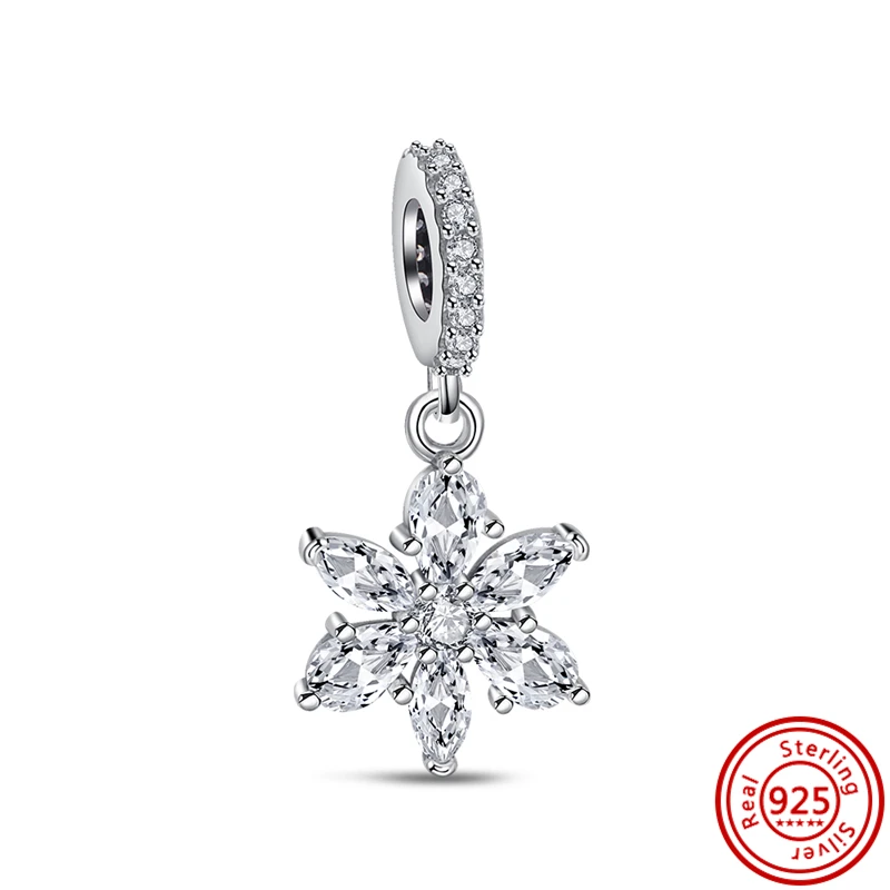 925 Sterling Silver Clear Zircon Snowflake Charm Bracelet, Sparkling Pave Beads, Fits Pandora Original, Herbário, DIY Fine Jewelry