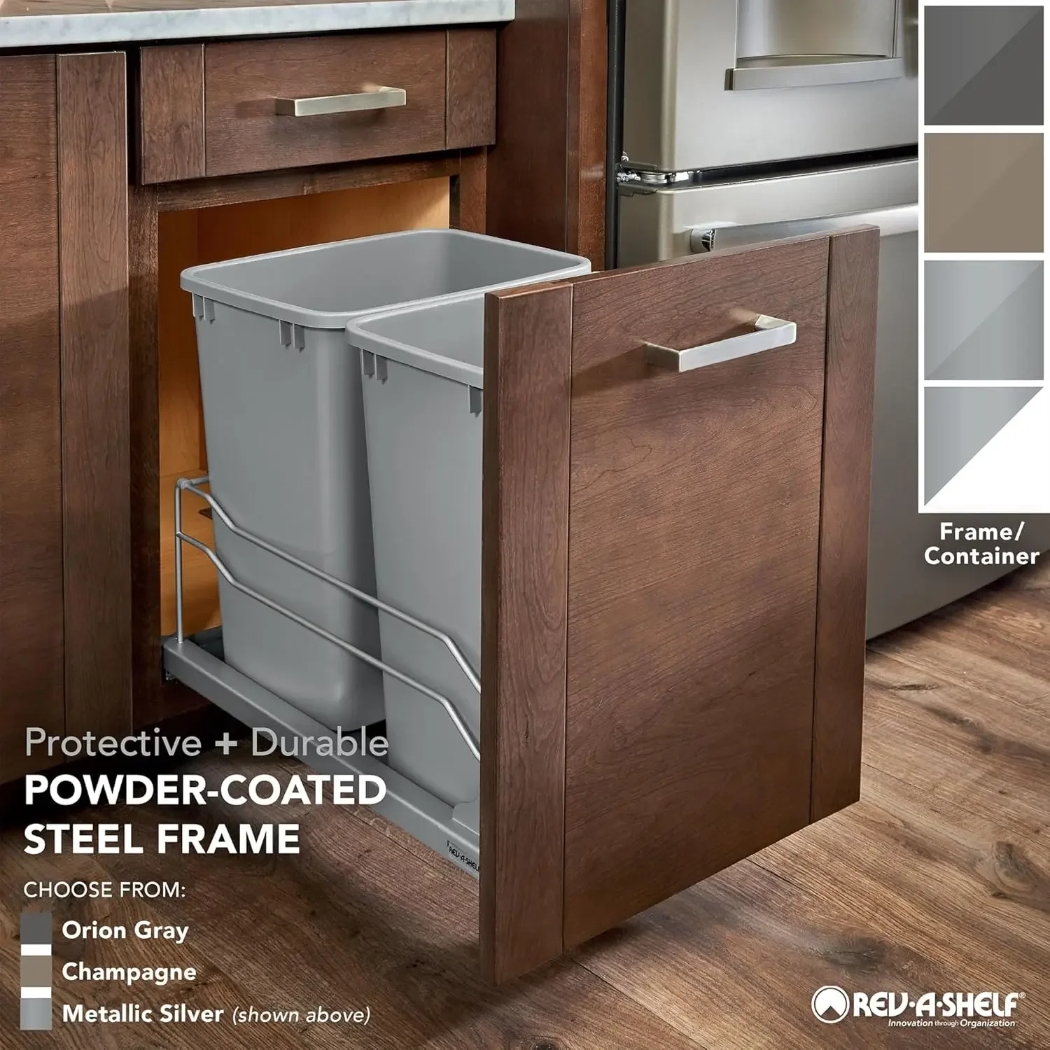 Double Pull Out Trash Can for Full Height Kitchen Cabinets 50 Quart 12.5 Gallon with Soft-Close Slides, Metallic Silver 2