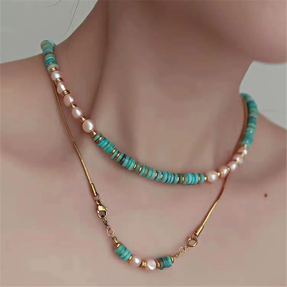 

Natural Green Coconut Shell Freshwater Pearl Beads Necklace for Women Snake Chain Multilayer Choker Female Yoga Jewelry