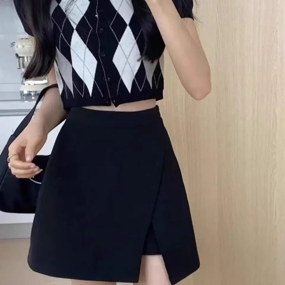 Fashionable High-Waisted Slimming Side Slit Skirt For Women 2024 Spring Autumn Integrated Style A- Line Casual Skirt