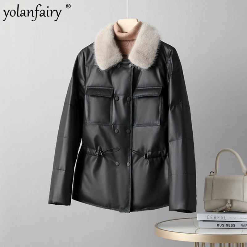 

Genuine Leather Down Jacket Women's Coats Ladies Elegant Warm Real Leather Sheepskin Mink Collar Fur Coat Thick Winter Overcoat