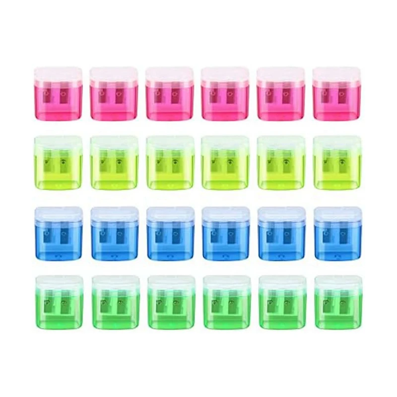 

24 Pieces Pencil Sharpeners Manual Dual Holes Pencil Sharpener Portable Colorful Crayon Sharpener With Lid