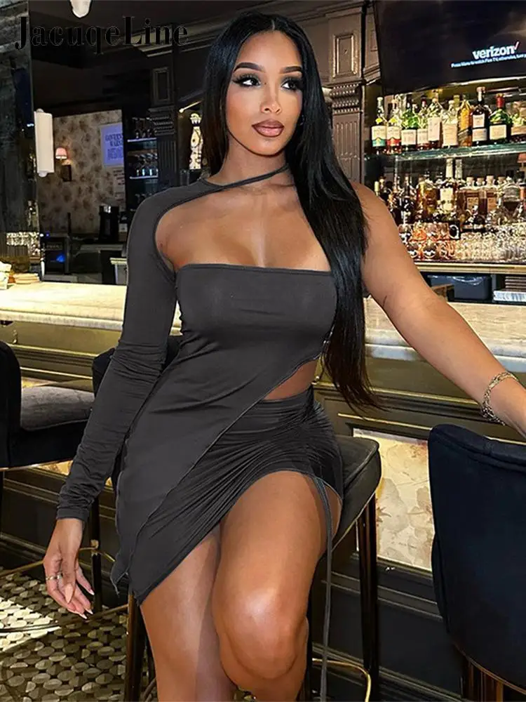 

Jacuqeline Strapless Backelss One Sleeve Crop Top and Drawstring Bodycon Mini Skirt 2 Pcs Set Women Sexy Party Club Y2K Clothes