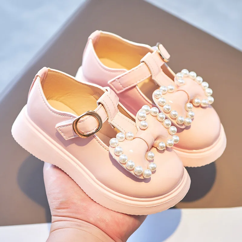 Spring Autumn Girls Leather Shoes with Bow-knot Pearls Beading Princess Sweet Cute Soft Comfortable Children Flats Kids Shoes