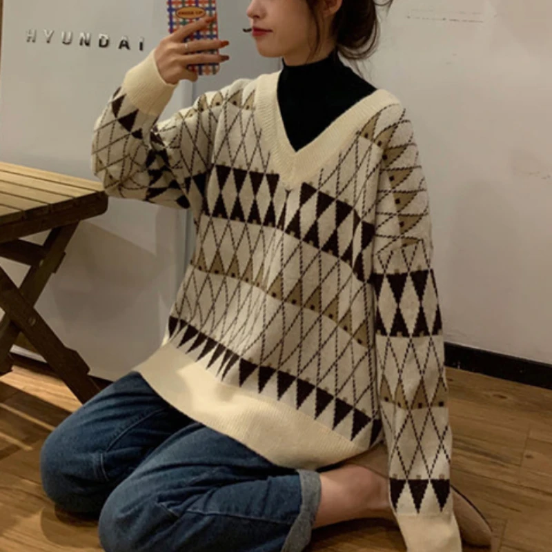 Jersey de de Argyle Vintage para Mujer, jersey de moda coreana con cuello en V, Baggies Chic para estudiante, Tops de manga larga para Mujer 2022| | - AliExpress