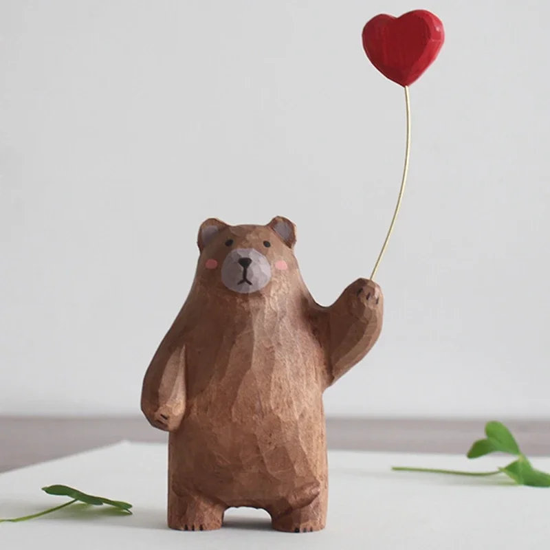 Handwork Wooden Carve Bear Figurine with Heart Crafts Desktop Ornament Office Room Home Decor for Friend Birthday Xmas Gifts 3