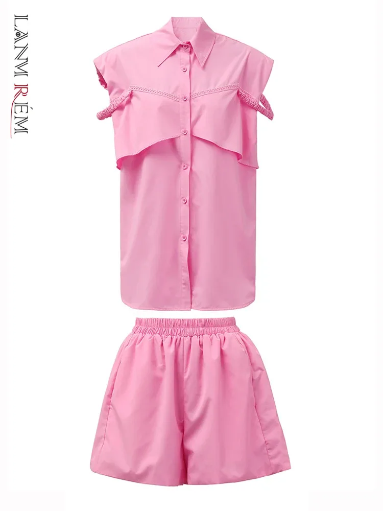 

Комплект из двух предметов LANMREM Женский, Модный однобортный Топ без рукавов с лацканами и шорты с эластичным поясом, лето 2024, CPG1421