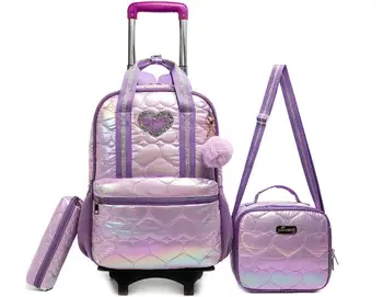 Rolling Backpack for Girls Primary School Trolley Bag Set Lunch Bag Girls School Bookbags Kids Carry-On Luggage Wheeled Backpack 1