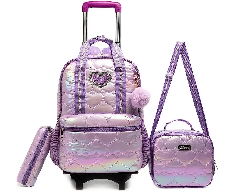 Rolling Backpack for Girls Primary School Trolley Bag Set Lunch Bag Girls School Bookbags Kids Carry-On Luggage Wheeled Backpack