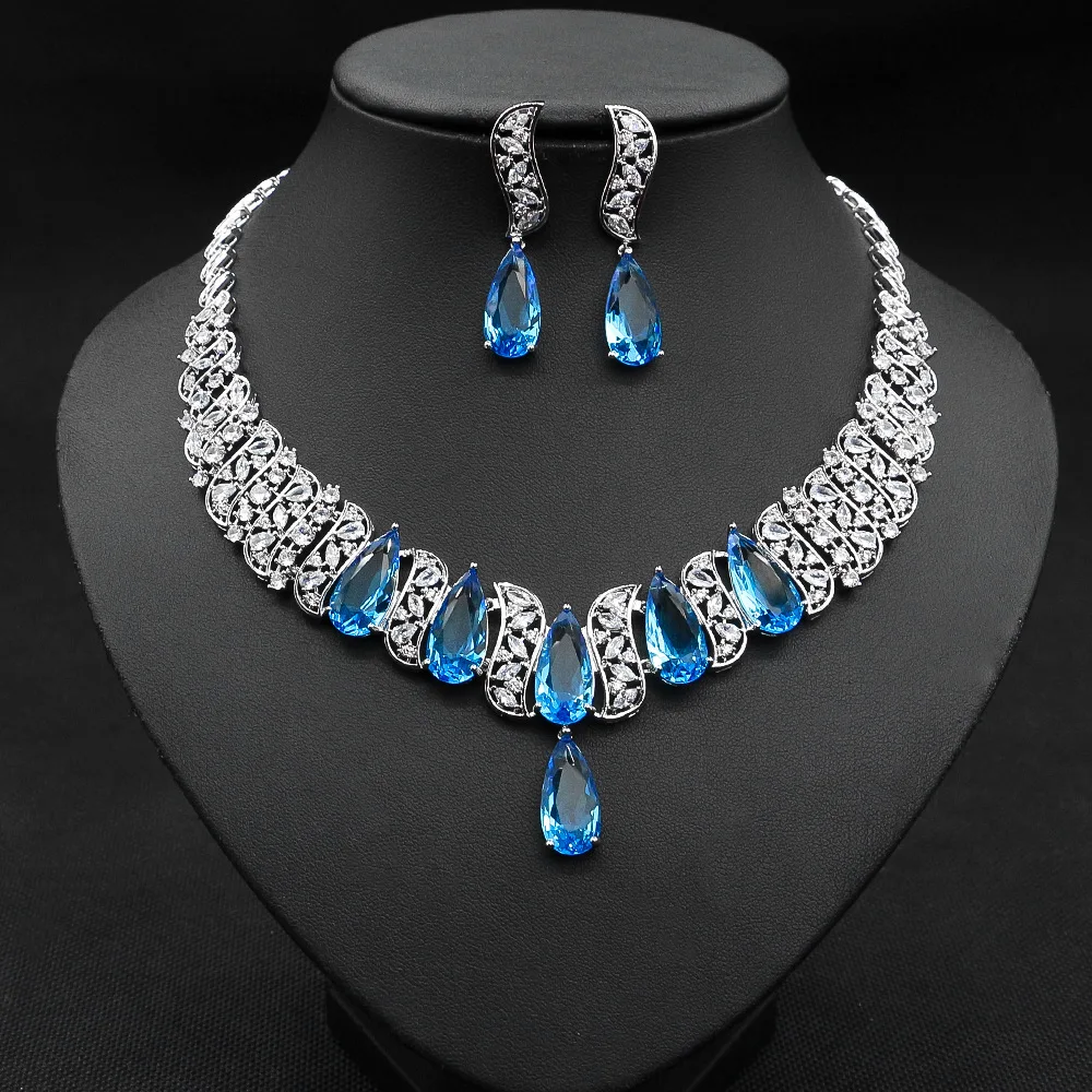 

smvp Luxury Shiny Cubic Zirconia Paved Big sky blue Water Drop Women Wedding Necklace Earrings Sets Bridal Party Jewelry