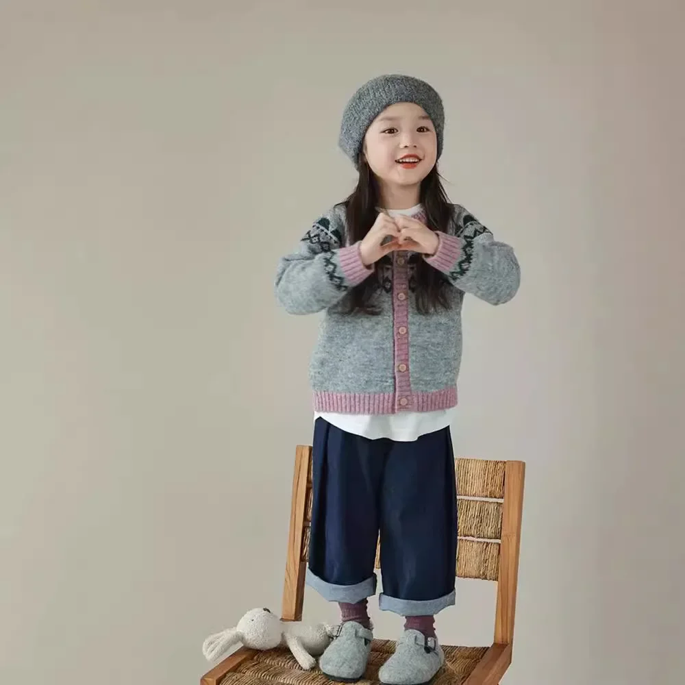 여아용 컬러 블록 다이아몬드 패턴 스웨터 가디건, 한국 어린이 패셔너블하고 세련된 다목적 상의, 가을 신상