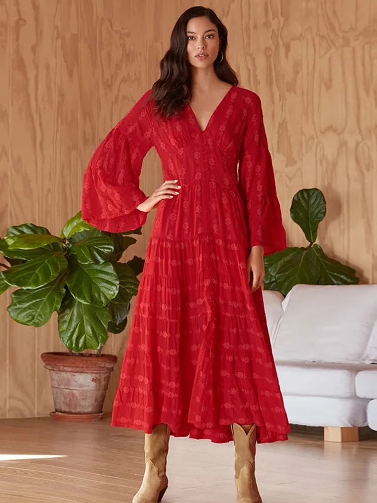 

Summer new women's dress retro national style heavy embroidery V-neck horn sleeve long red dress seaside holiday dress