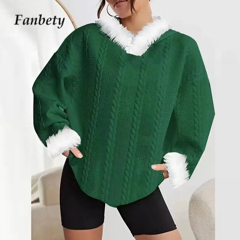 

2024 Casual Fluff Spliced Loose Pullover Christmas Ladies Hooded Sweatshirt All-match Women Long Sleeve Twisted Knitted Sweater