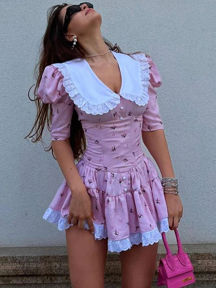 

CamKemsey Sweet Y2K Pleated Mini Dress Women Elegant White Ruffles Doll Collar Summer Floral Printed Slim Fit Party Dresses