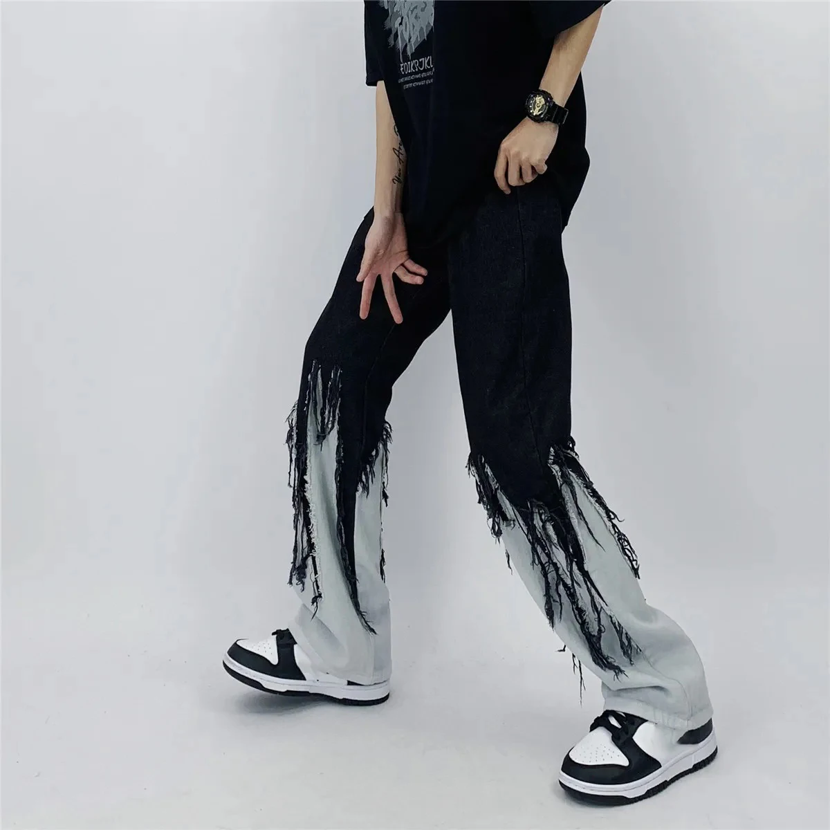 Men Jeans High Street Hip Hop Contrast Color Tassel Loose Fashion Japanese Streetwear Hippie Loose Casual Darkwear Patchwork 5