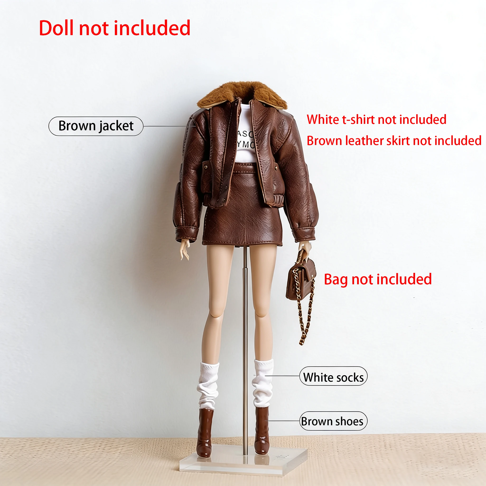 1／6ドールドールの秋冬レトロジャケットコートセットに含まれる、ファーライナー付きの襟が特徴のブラウンのレザードールジャケット