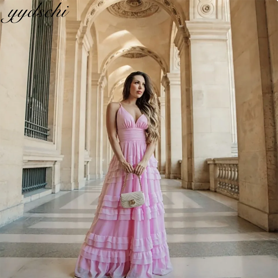 

Gorgeous Pink Ruffles Spaghetti Straps A Line Evening Gala Wedding Dresses 2024 Backless Court Train Tulle Bridal Gown For Women