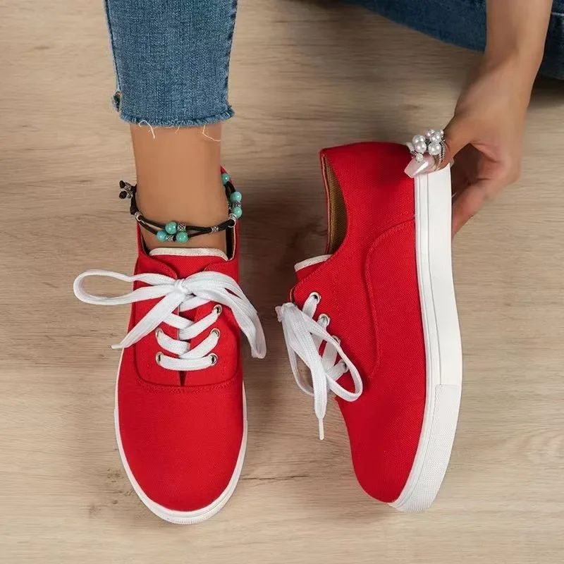 

Hot Selling Low Top Lace Up Flat Sole Single Shoes for Women with Round Toe Breathable Canvas Large Board Shoes for Women