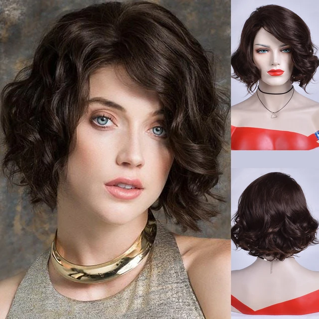 GNIMEGIL Short Synthetic Wigs for Women Glueless Brown Curly Wig with Bangs Natural Looking Mommy Wig Costume Family Party Hair Dark Brown