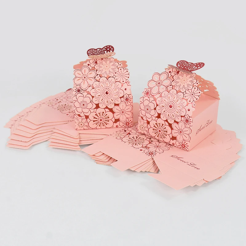 10/20Pcs Pink Butterfly Floral Laser Cut Candy Boxes for Wedding Favors, Birthday Party... - SKU GPB17088 - UGI Packaging